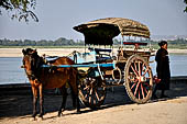 Inwa, Myanmar - tourists ride on a horse-drawn carriage. Riding on a horse cart is the easiest way to get around Inwa's narrow and dusty road to explore scatterred attractions. 